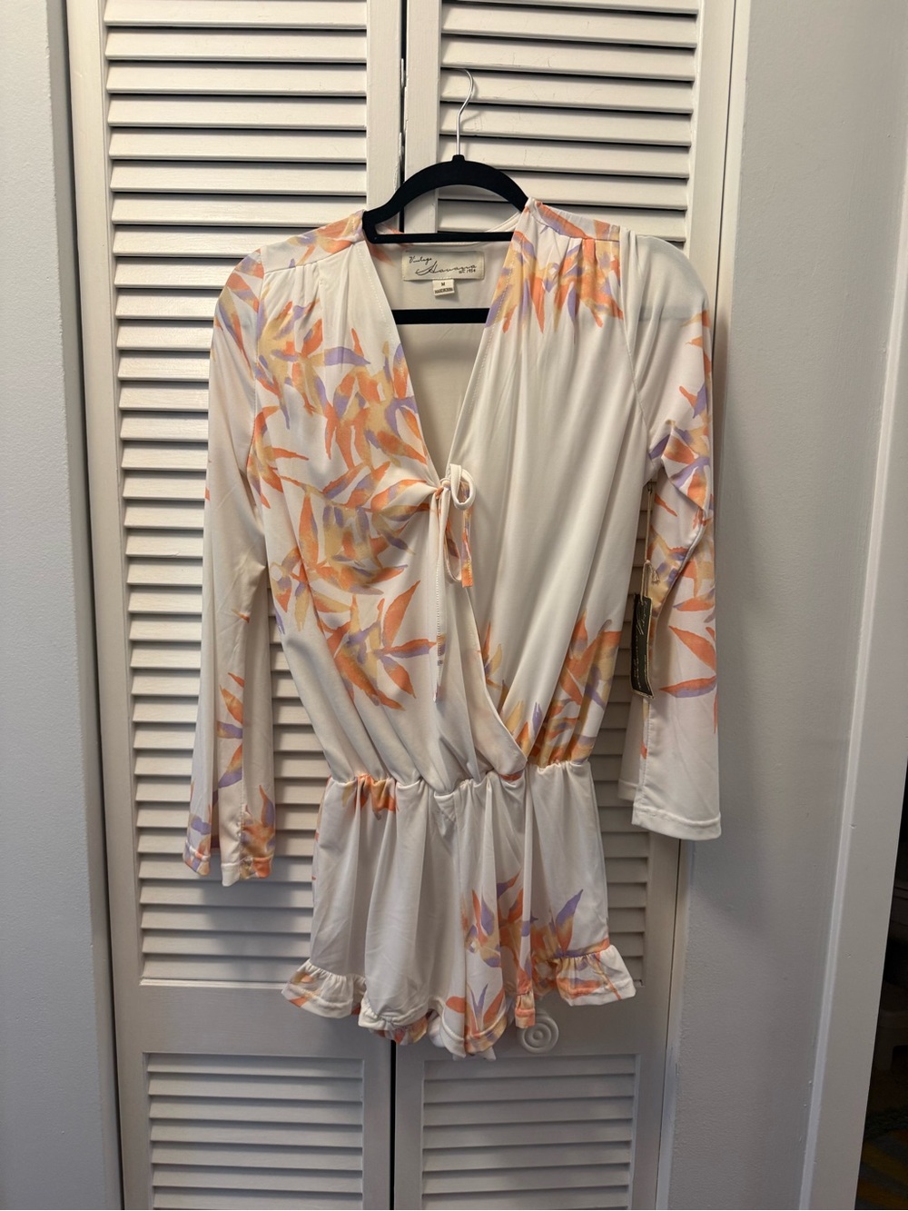 Vintage Havana Floral Tie-Front White Romper with Peach & Lilac Print